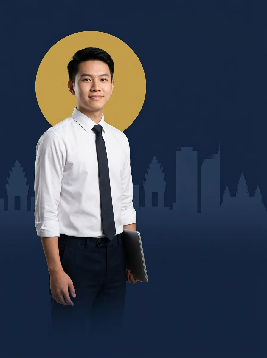 An SDI student in a shirt and tie, holding a laptop, in front of the Phnom Penh skyline